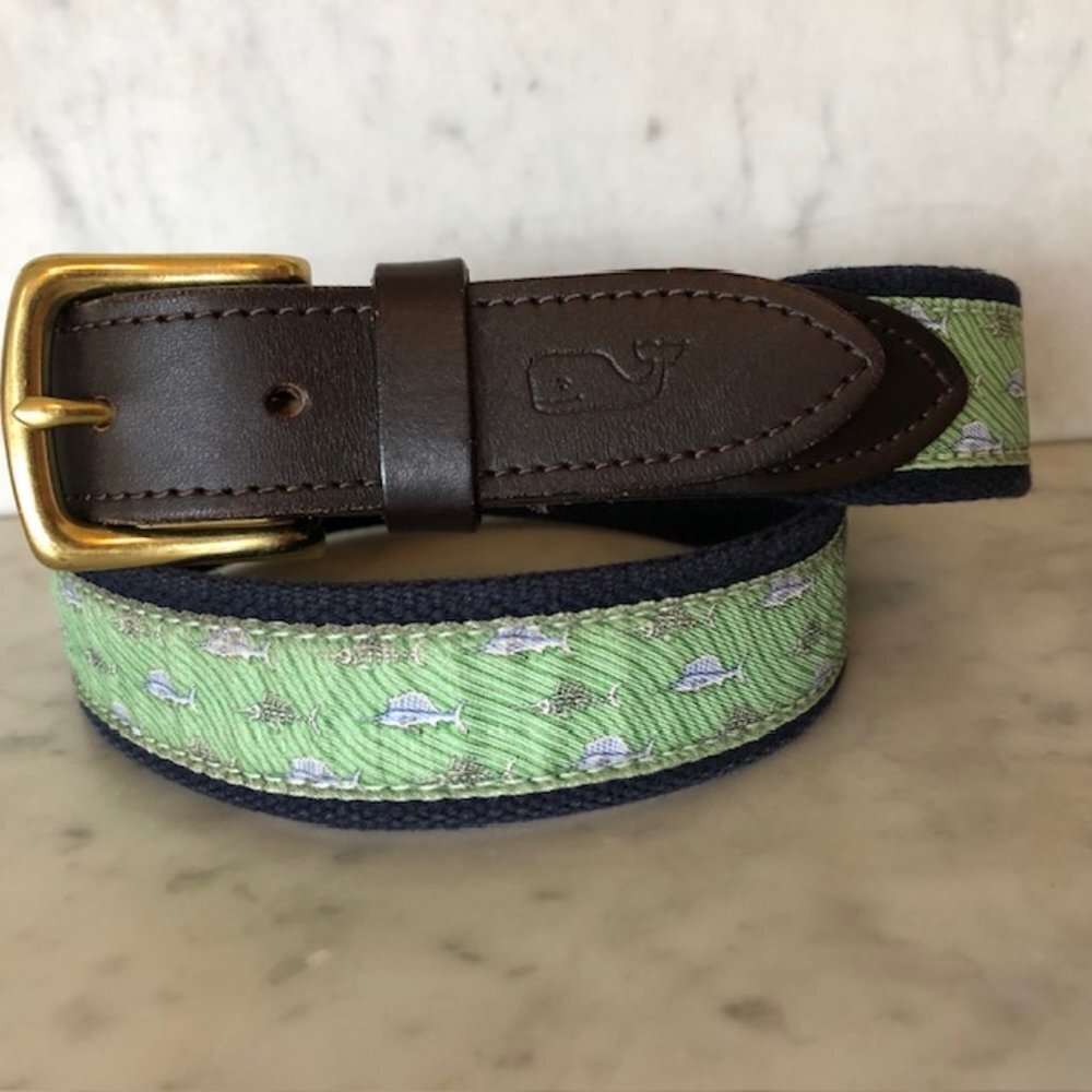 VINEYARD VINES  Marlin Print Canvas Club Leather Trim Belt 32